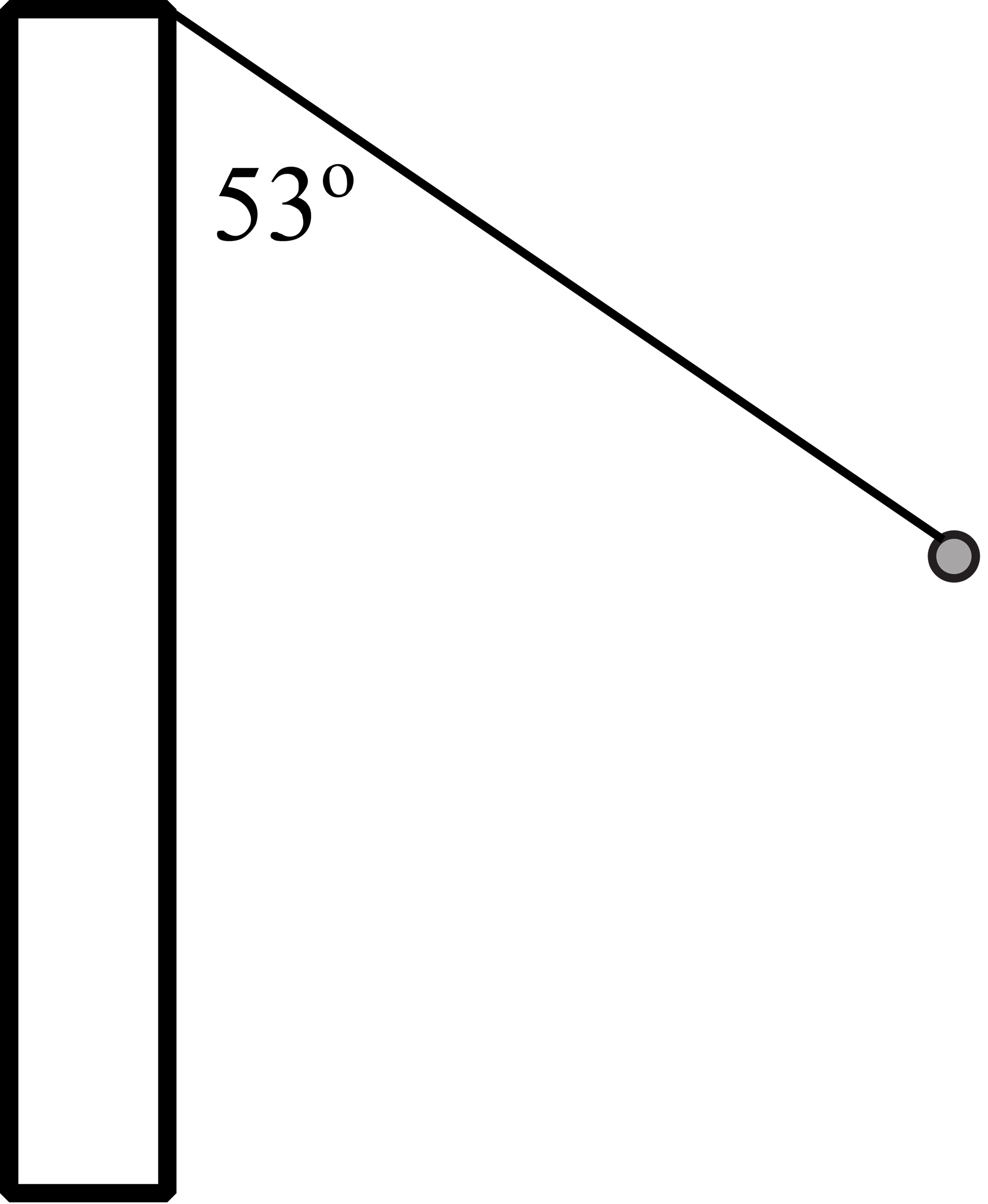 A vertical wall on the left with a string connected to the top, its other end connected to a ball at an angle of 53 degrees.