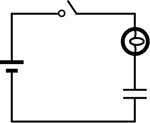 A circuit diagram with a battery, open switch, light bulb, and capacitor.
