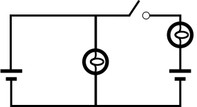 Two circuit diagrams with three vertical parallel branches.  Top: The outer branches have upright batteries and the middle branch has a light bulb; a switch lies between the bulb and the right battery.  Bottom: The left branch has an upright battery, the right branch has an upright battery and a light bulb, and the middle branch has a light bulb; a switch lies between the middle and right branches.