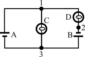 A circuit diagram with three vertical branches, from left to right: battery A, bulb C, and bulb D and battery B in series.  Point 1 lies above bulb 1, point 2 between bulb 2 and battery D, and point 3 below bulb 1.