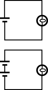 Above: a circuit diagram with one bulb and one battery.  Below: a circuit diagram with one bulb and two batteries.