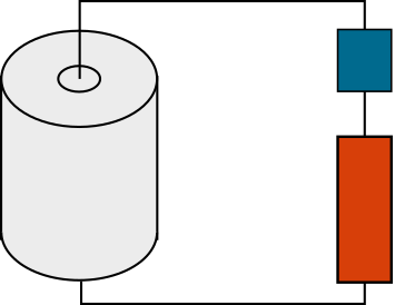 A stylized circuit diagram with a battery on the left and a small blue rectangle and a long orange rectangle on the right.