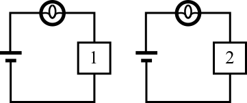 Two identical circuits with a battery, a light bulb, and mystery box.  The left box is 1 and the right box is 2.