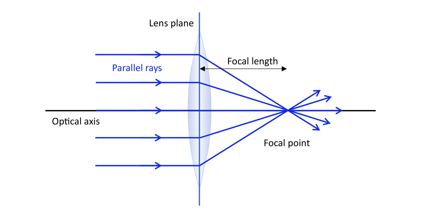 A converging sits in the center of the diagram. The optical axis runs through the center of the lens, perpendicular to the lens plane. Five evenly distributed rays, each parallel to the optical axis, hit the lens plane from the left side. Each ray is bent at the lens plane and travels through the focal point on the right side.