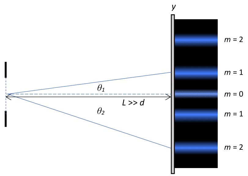 A diffraction grating sits on the left and a screen with a diffraction pattern sits on the right. The bright spots are labelled out to m = 2 above and below the central bright spot. Two lines extend from the diffraction grating to the screen: one at an angle theta 1 to the m = 1 bright spot on top, and the other at an angle theta 2 to the m = 2 bright spot on bottom. A line with arrow heads on both sides extends from the diffraction grating to the screen with the label "L >> d".