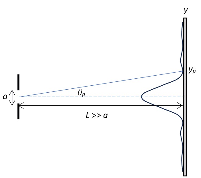 A single-slit sits on the left side of the diagram, a distance L away from a screen. On the screen, an intensity pattern is shown. A dashed line extends from the center of the slit to the screen, indicating the middle of the slit and the screen. A solid line extends from the center of the slit to the screen at an angle theta sub p and hits the screen at a distance y sub p from the center. Another solid line with arrow heads on both side extends from the slit to the screen and is labelled as "L >> a".